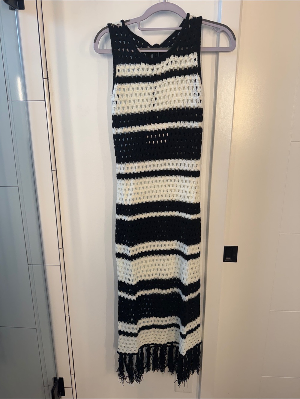 Black and White Crochet Maxi Dress with Fringe
